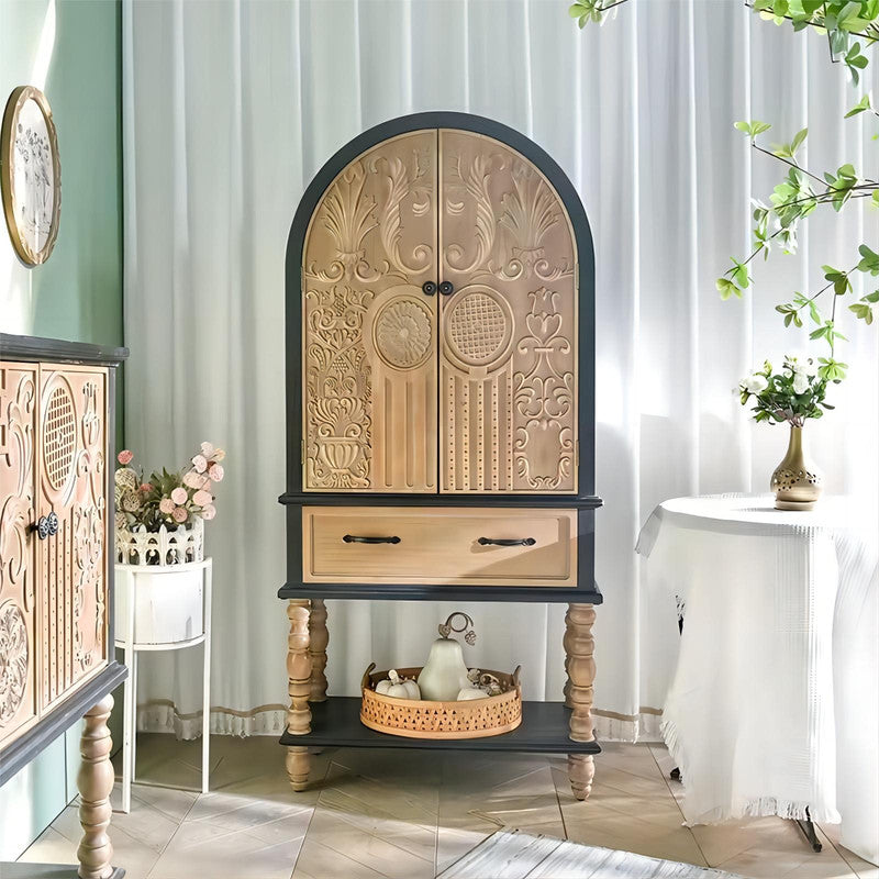 Living Room Vintage Antique Black Solid Wood Carved Arched Tall Sideboard Cabinet with Drawer and Shelf