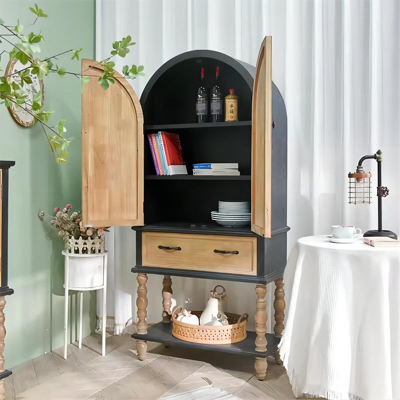 Living Room Vintage Antique Black Solid Wood Carved Arched Tall Sideboard Cabinet with Drawer and Shelf