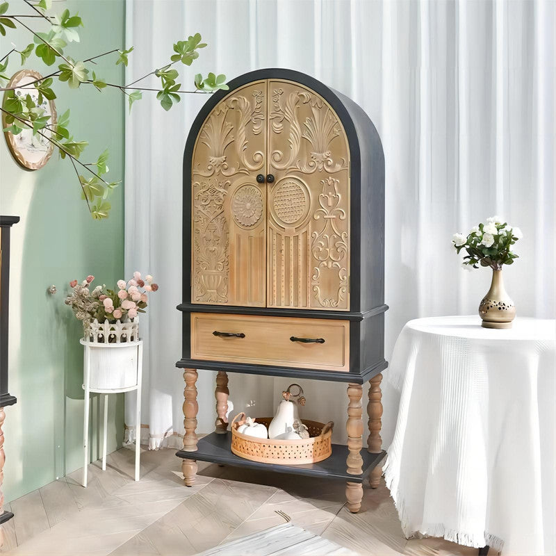 Living Room Vintage Antique Black Solid Wood Carved Arched Tall Sideboard Cabinet with Drawer and Shelf